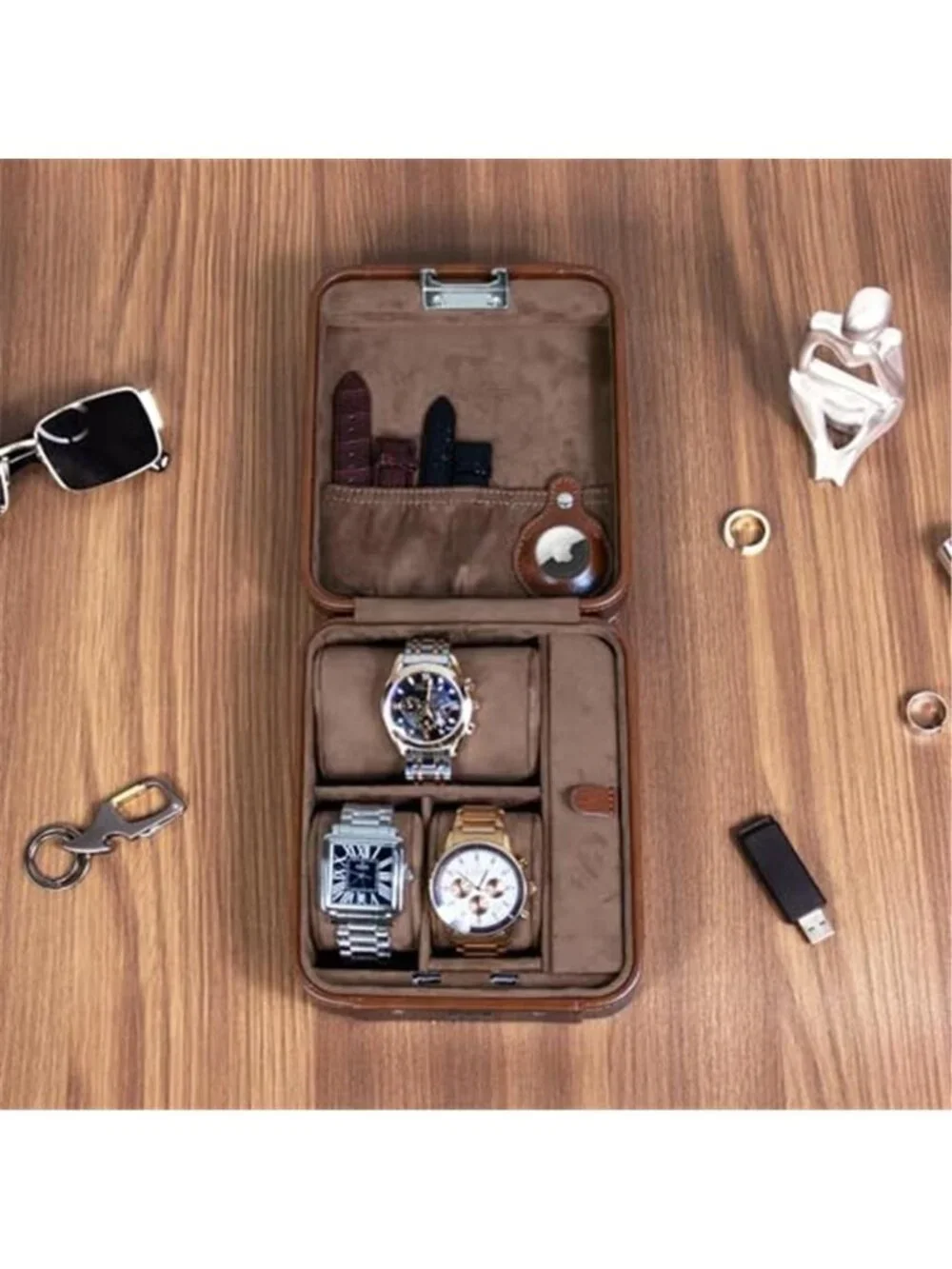 Leather Watch Travel Case 4 Slot Watch Box Lockable Jewelry Storage Organizer